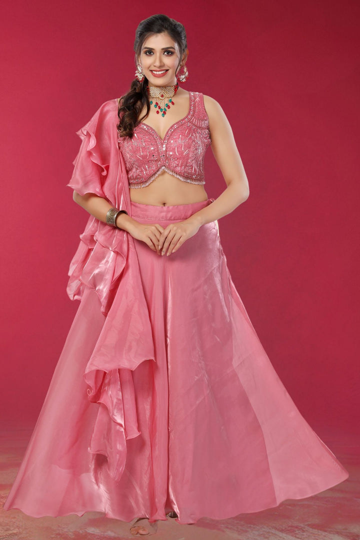 Onion Pink Sequins, Beads and Mirror work Crop Top Lehenga