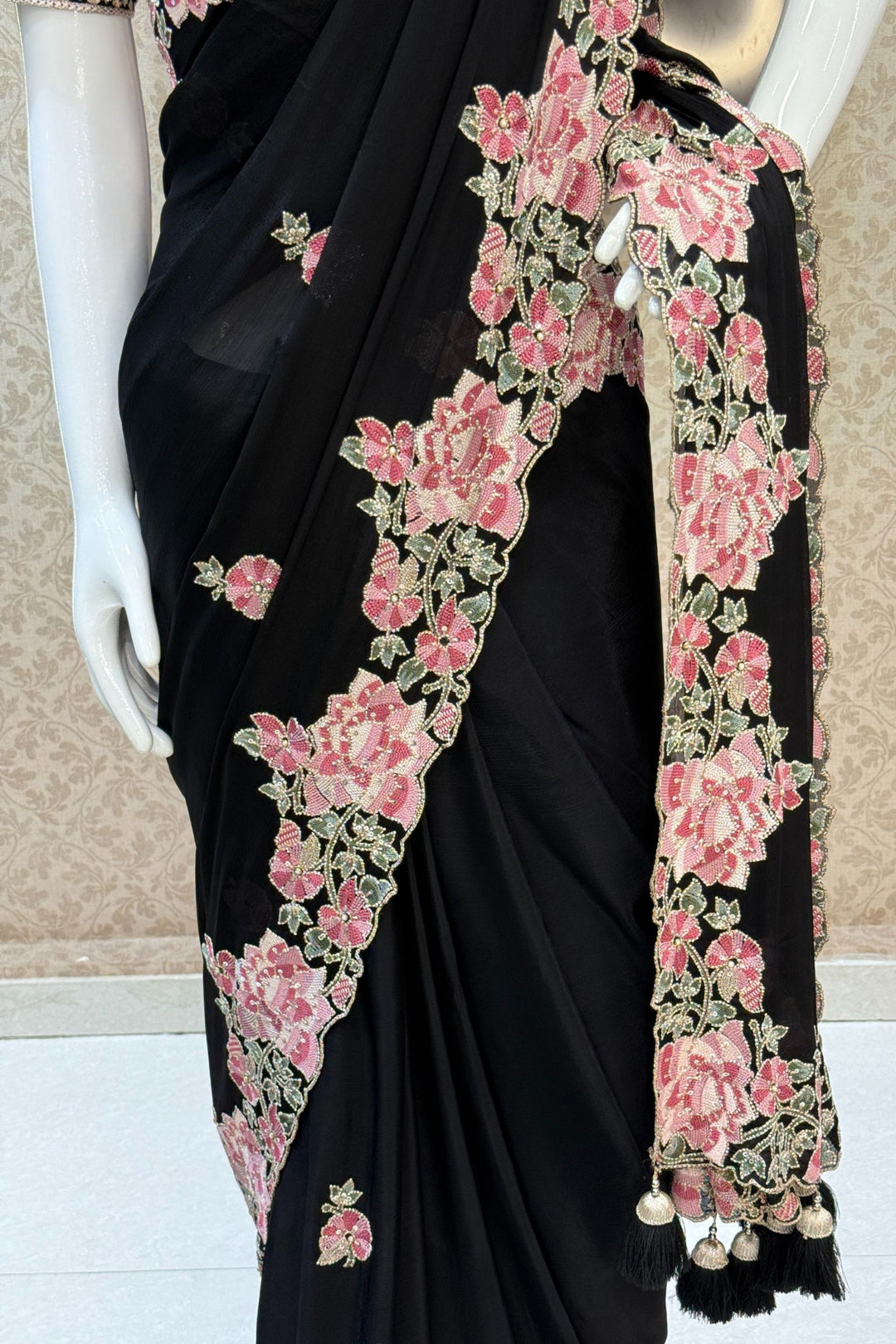 Black Embroidery, Sequins, Pearl and Zari work Saree