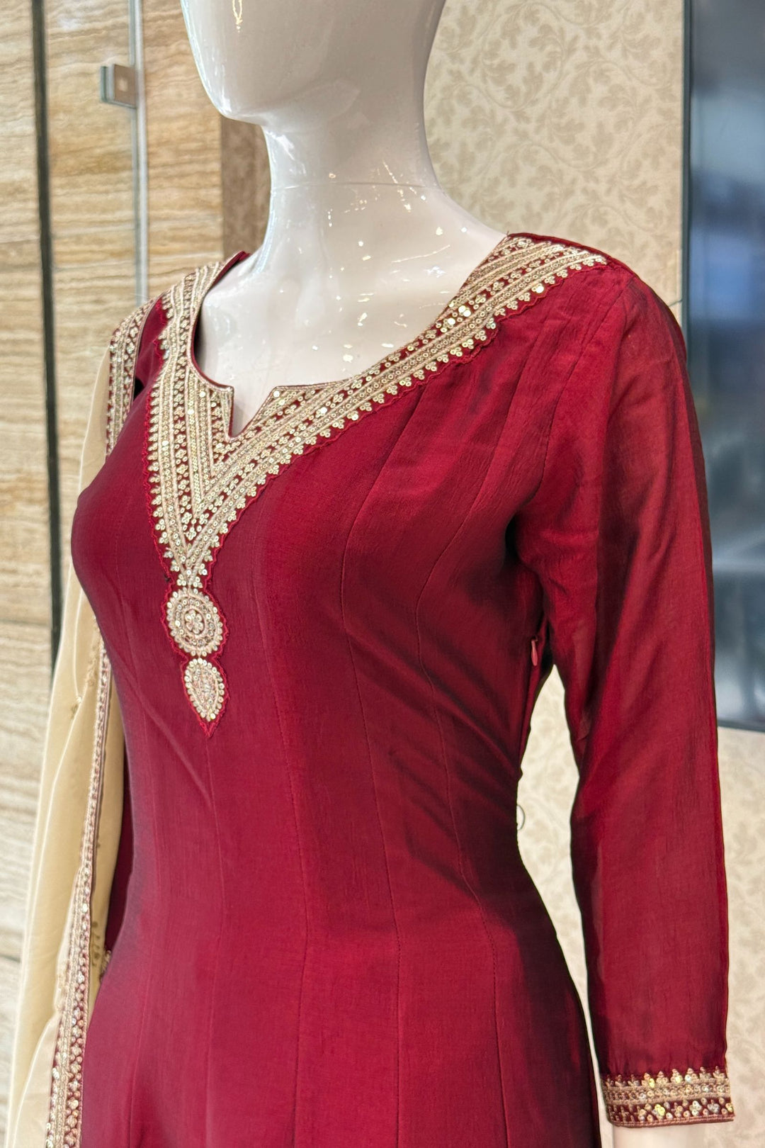 Maroon Sequins and Zari work A-line Cut Salwar Suit
