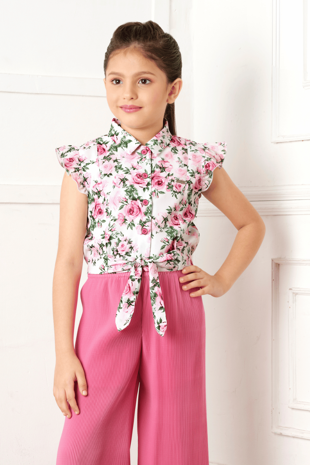 Pink with White Floral Print Top with Culottes for Girls