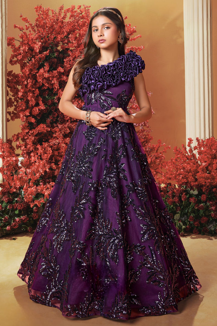Violet Sequins work Long Party Gown for Girls
