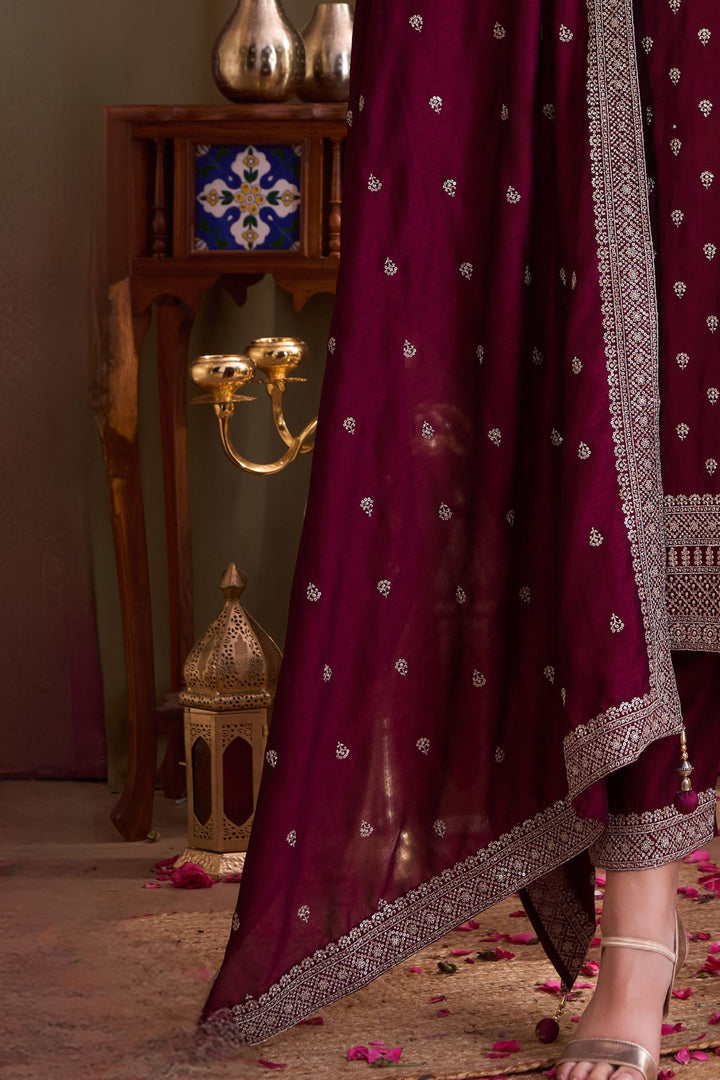 Wine Sequins and Zari work Straight Cut Salwar Suit