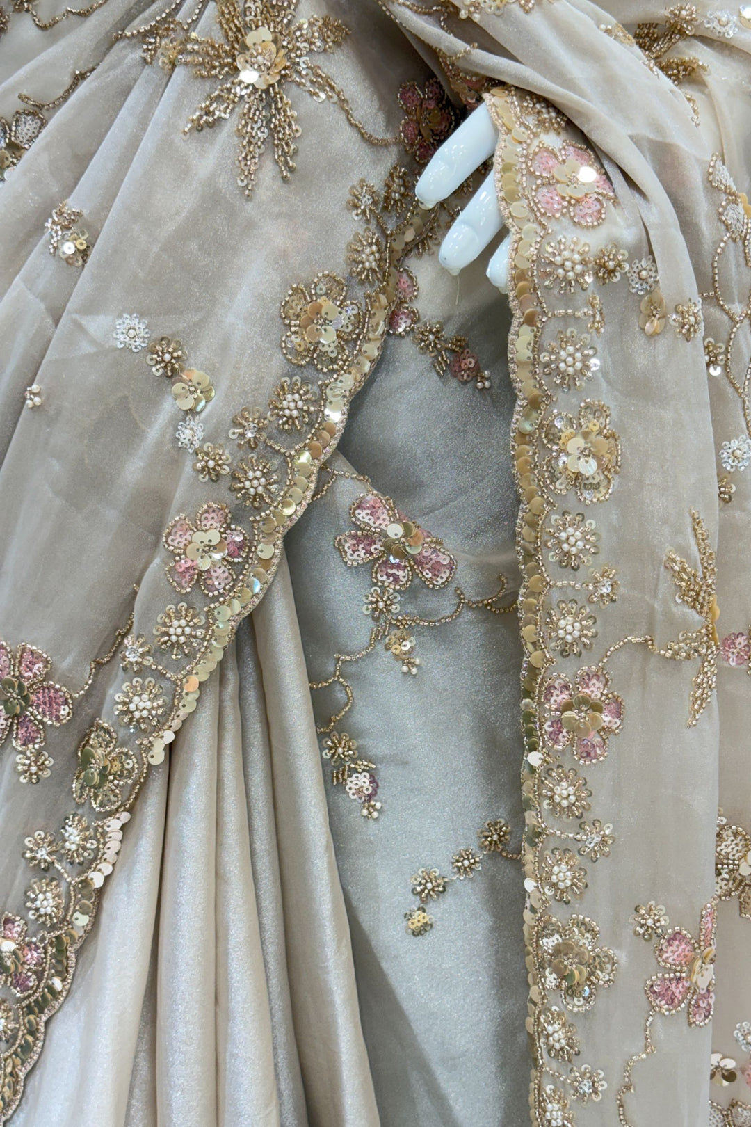 Light Beige Sequins, Beads, Zari and Pearls work Saree