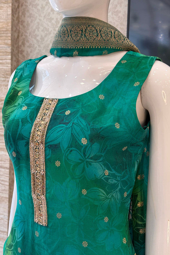 Green Banaras, Beads, Zardozi and Stone work with Floral Print Straight Cut Salwar Suit