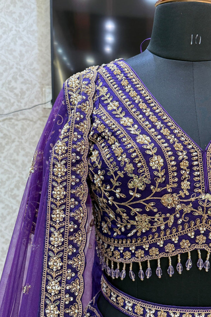 Purple Beads, Zari, Zardozi and Sequins work Crop Top Designer Bridal Lehenga with Belt