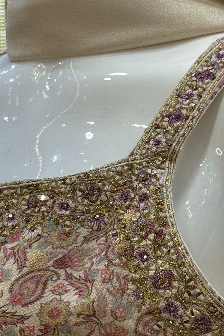 Beige Banaras, Stone and Zari Weaving work with Digital Print Straight Cut Salwar Suit