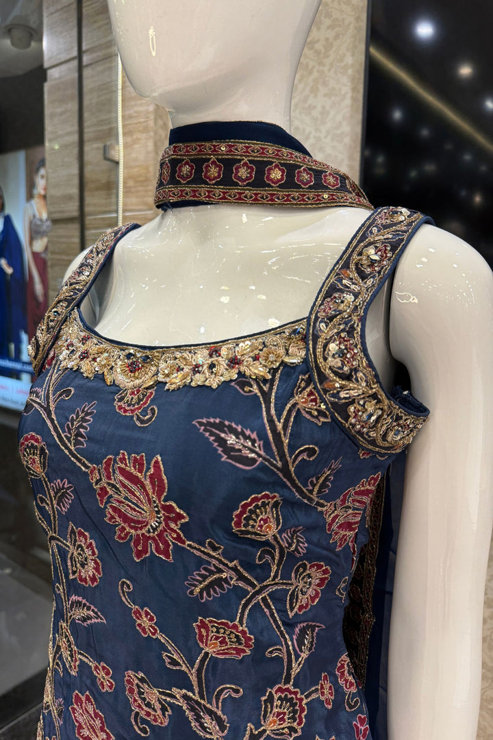 Navy Blue Zari, Zardozi, Sequins, Stone and Beads work with Floral Print Palazzo Salwar Suit