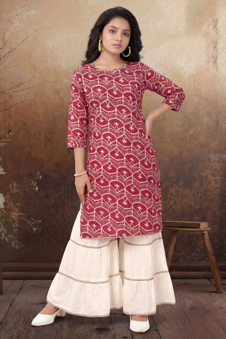 Red with Cream Zari and Sequins work Sharara Set for Girls