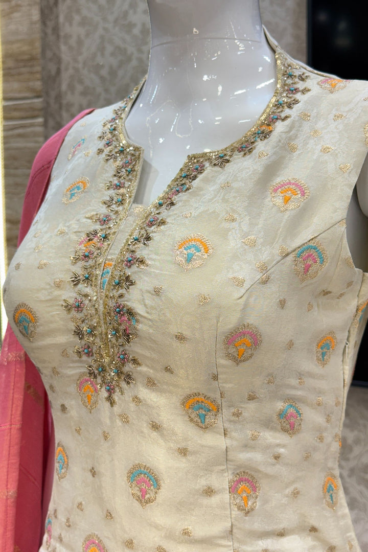 Beige Multicolor Embroidery, Zari, Zardozi and Sequins work Palazzo Salwar Suit