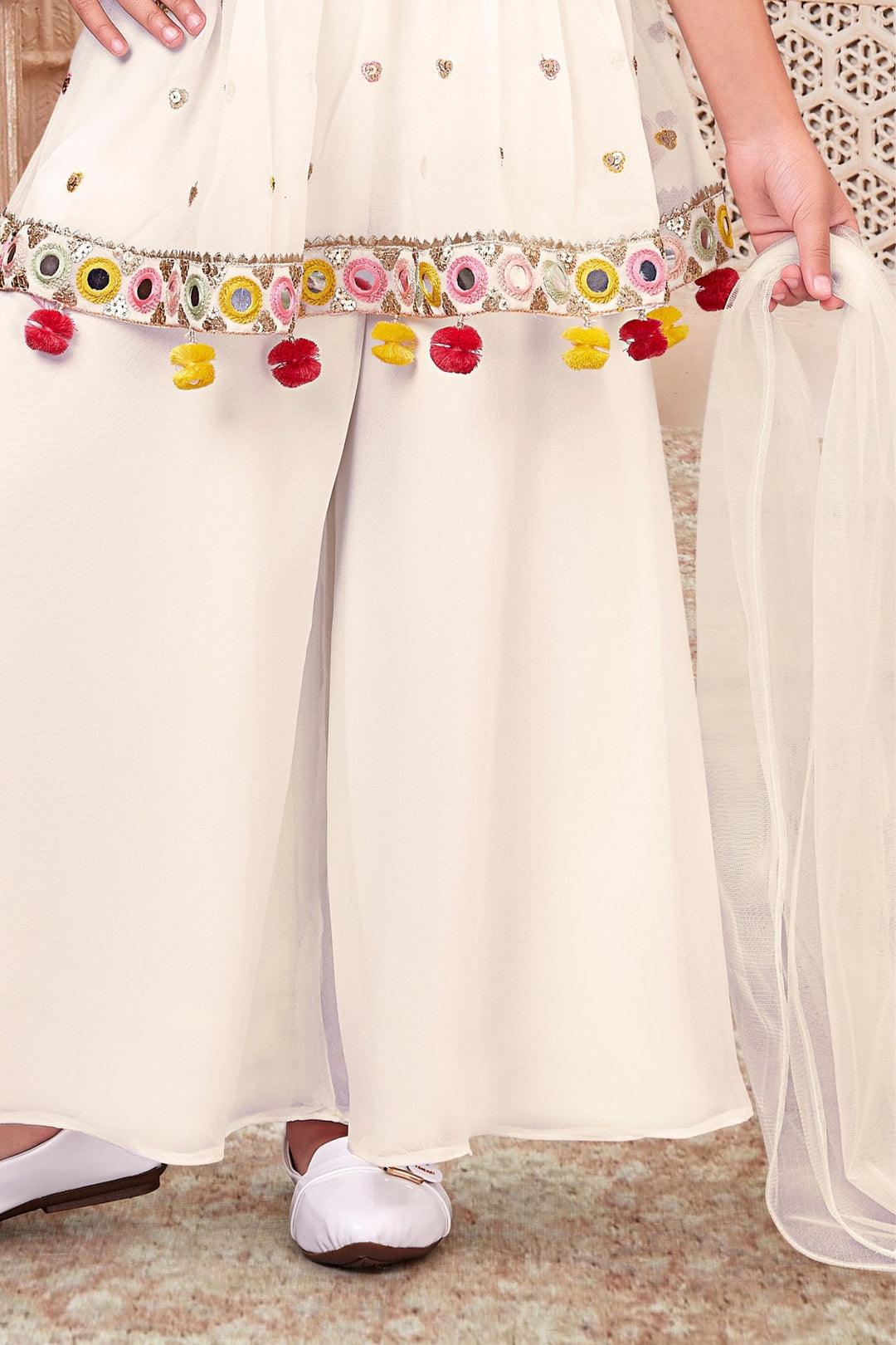 Cream Sequins, Zari and Multicolor Thread work Peplum Styled Palazzo Suit Set for Girls
