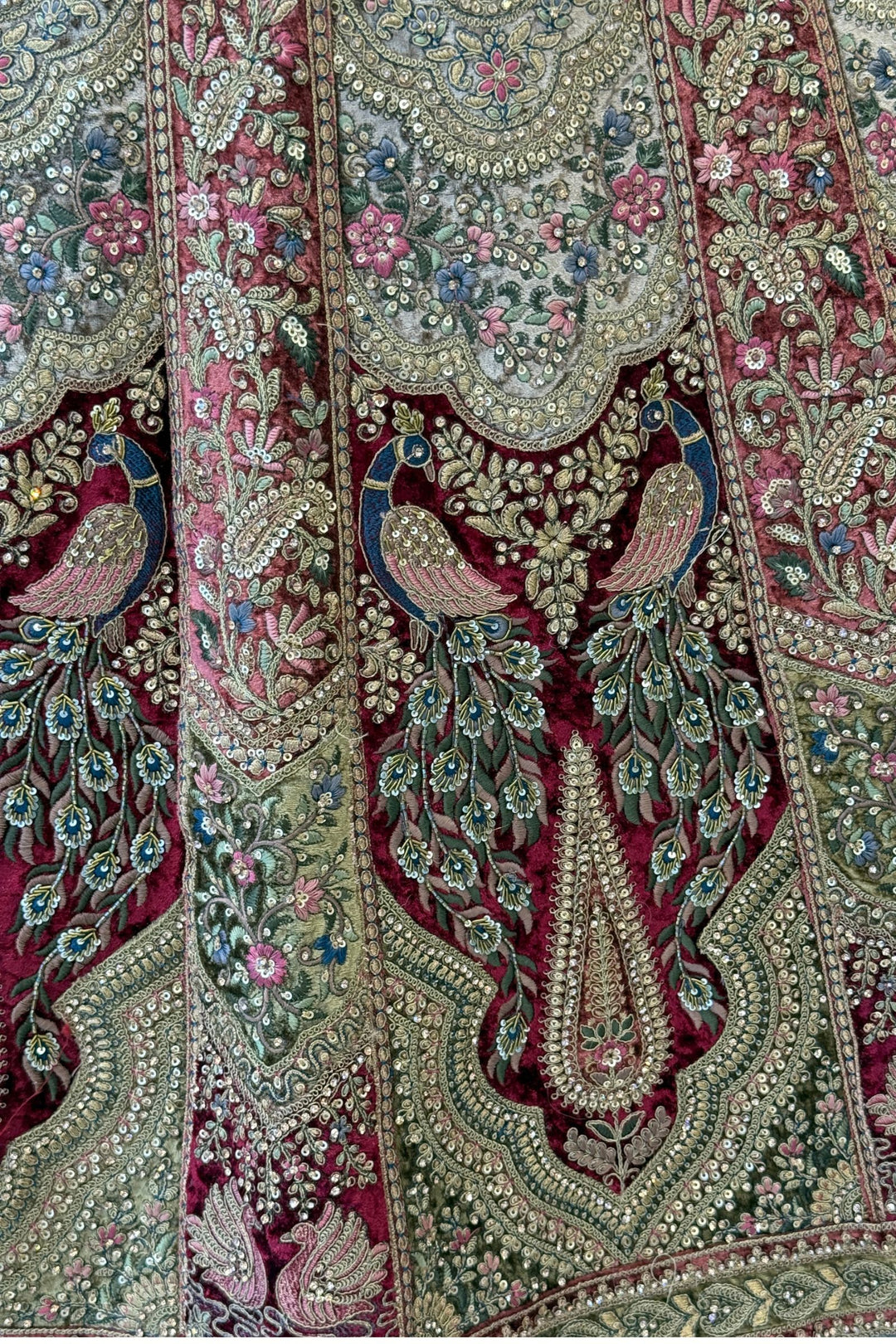 Maroon with Chiku Sequins, Beads, Zari and Stone work Crop Top Designer Bridal Lehenga