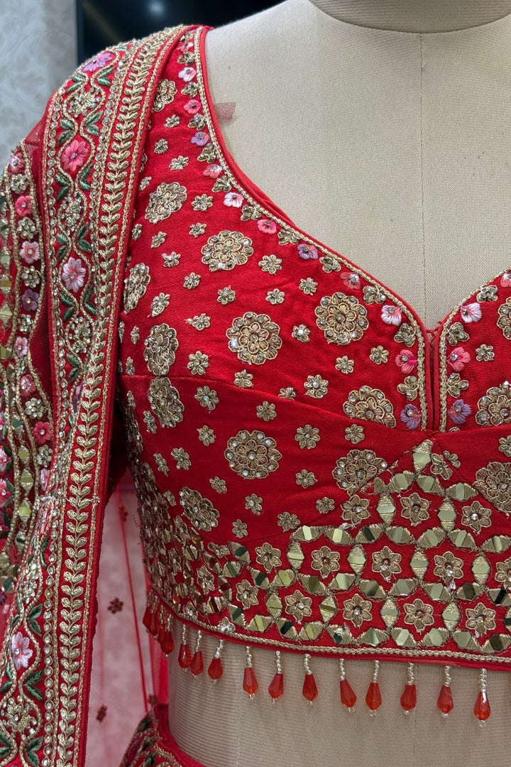 Designer Bridal Red Lehenga with Rich Multicolor Embroidery, Stone and Mirror Work