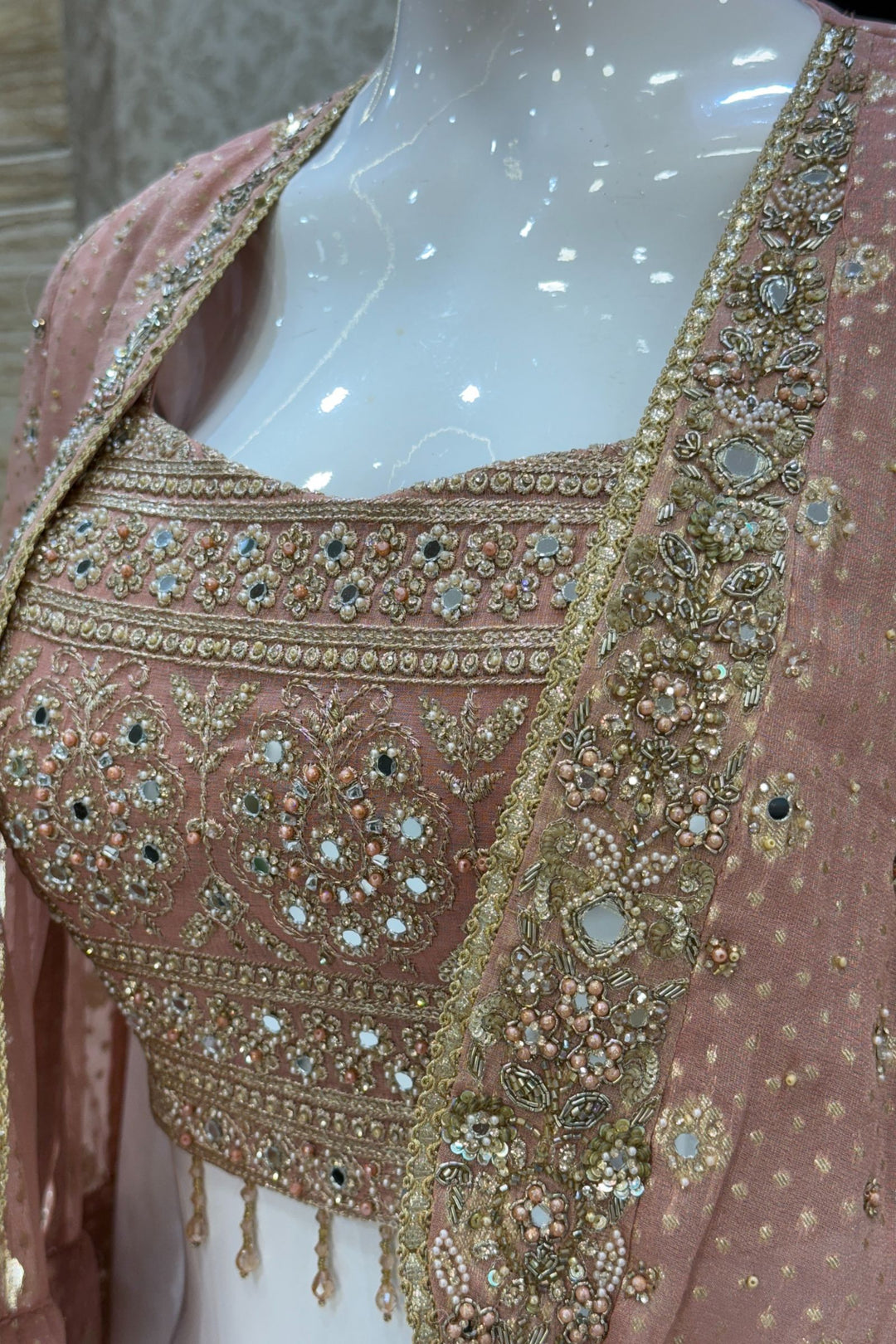 Peach Stone, Zari and Sequins work Crop Top with Overcoat Styled Palazzo Suit Set