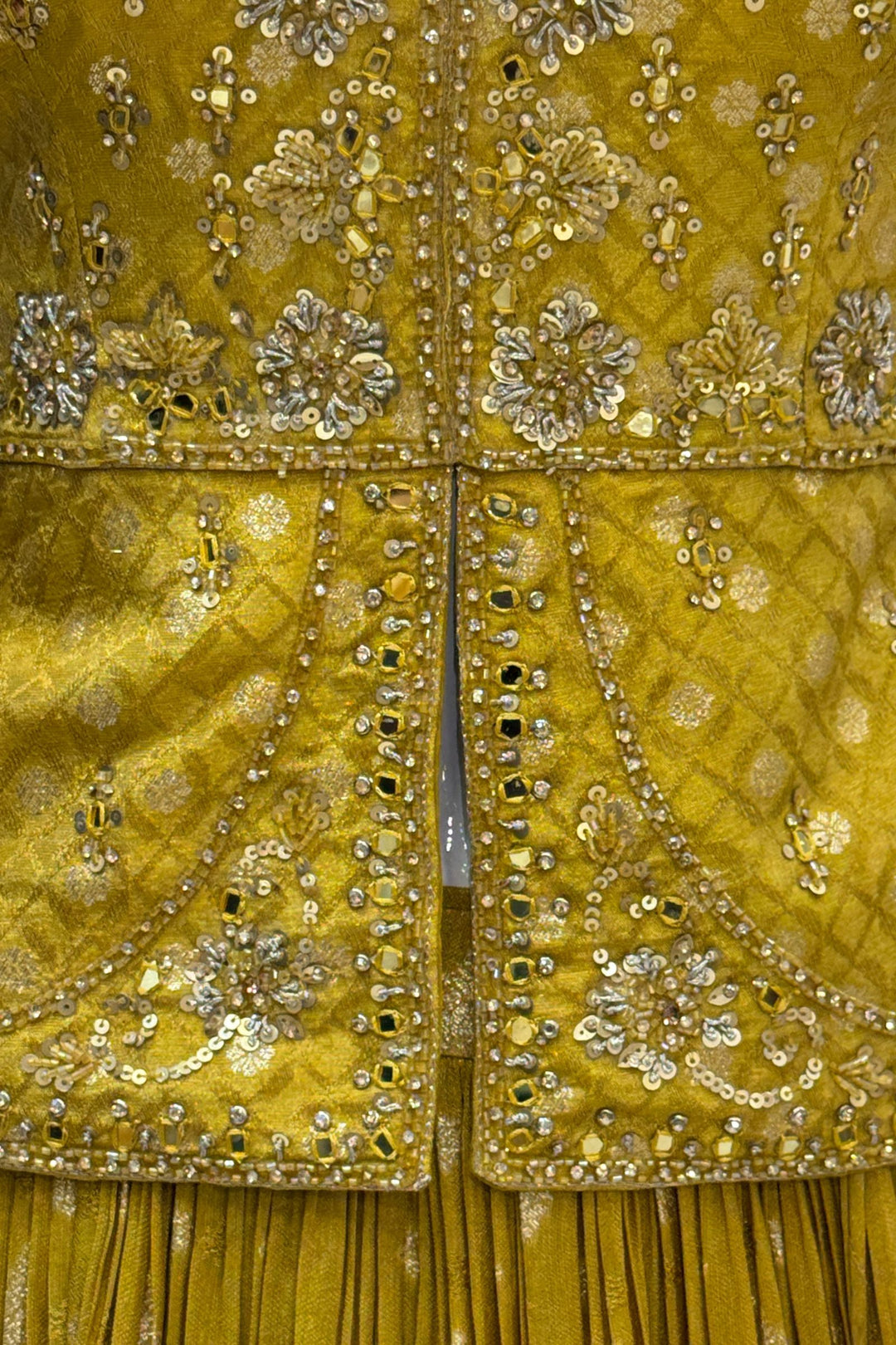 Yellow Jacquard, Mirror, Stone, Sequins, Beads and Banaras work Peplum Style Lehenga