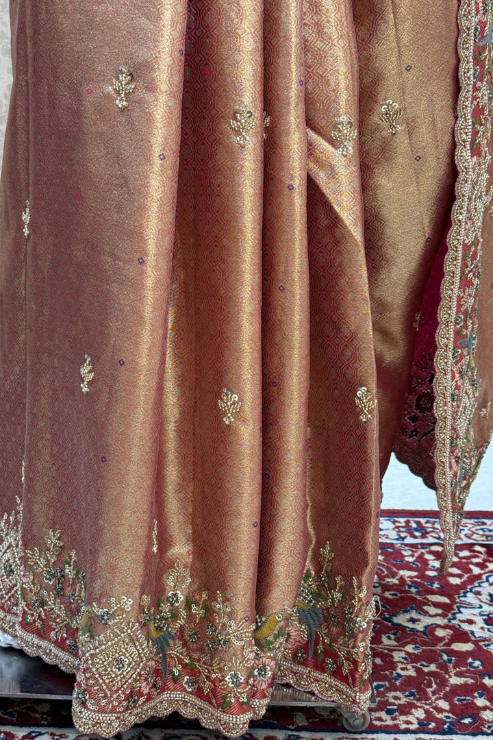 Copper Rose Gold Saree Featuring Banaras, Sequins and Beads work