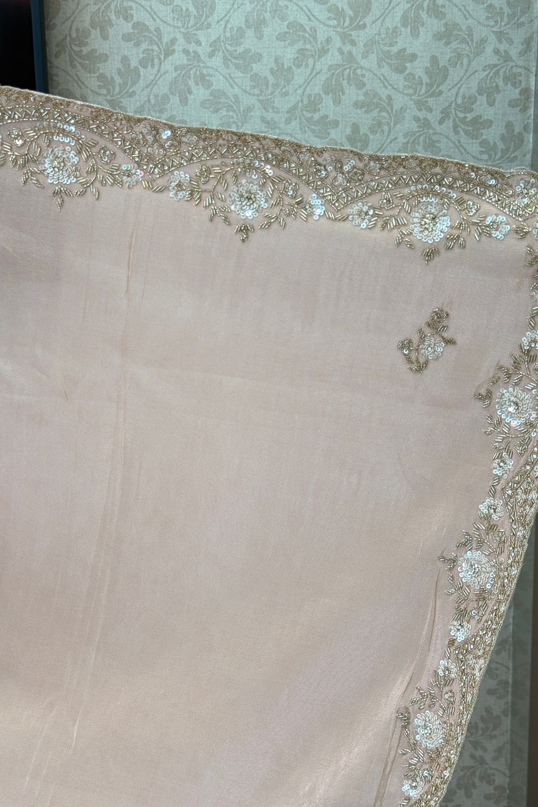 Peach Party Wear Saree with Sequins, Beads Border and Floral Motif Embroidery