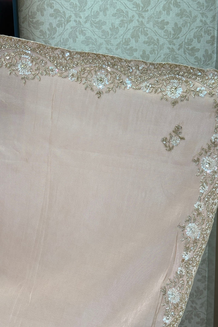 Peach Party Wear Saree with Sequins, Beads Border and Floral Motif Embroidery