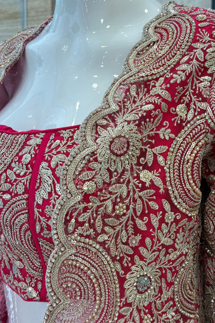 Rani Pink Drape Style Lehenga with Sequins, Stone and Zari work Long Overcoat