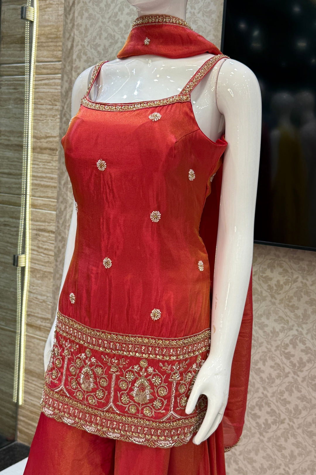 Tomato Red Beads, Sequins and Zari work Palazzo Salwar Suit