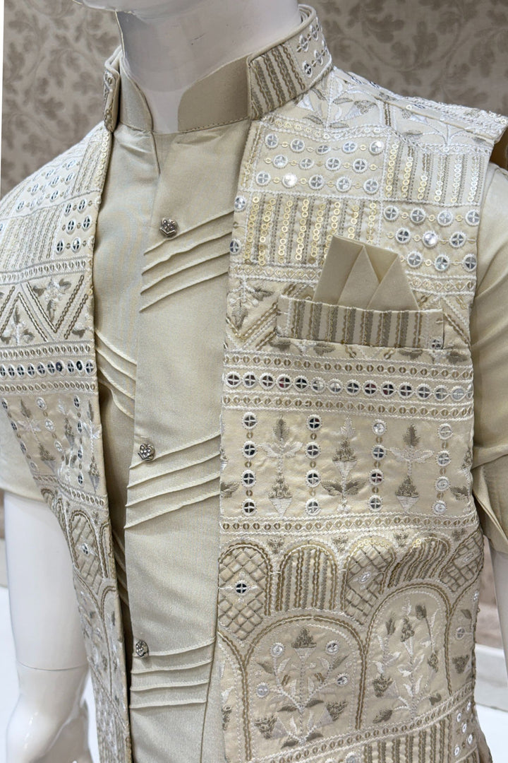 Beige Thread and Sequins work Waist Coat Kurta Set for Boys