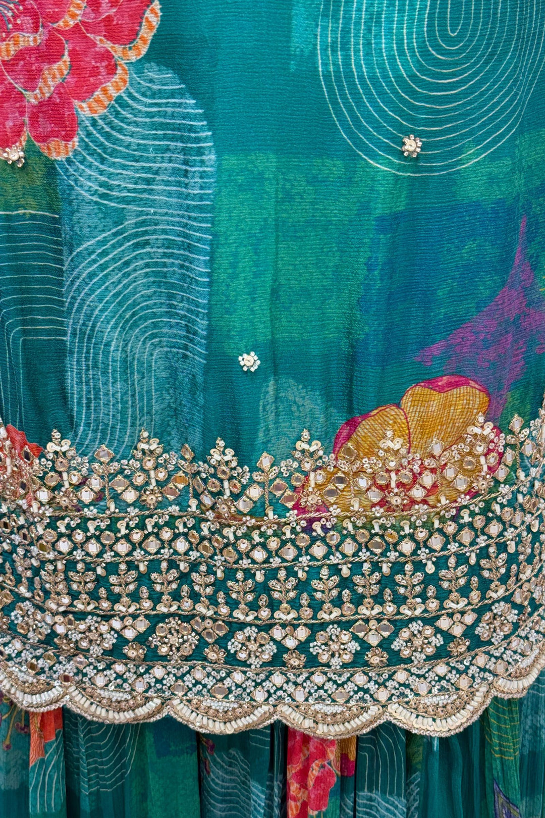 Rama Green Sequins, Beads and Zari work with Floral Print Palazzo Salwar Suit