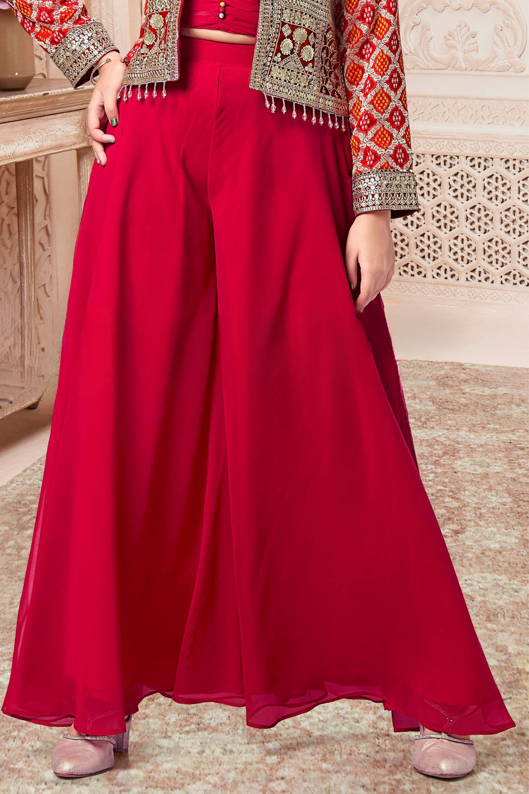 Red Sequins, Zari and Jacquard work with Bandini Print Jacket Styled Palazzo Set for Girls