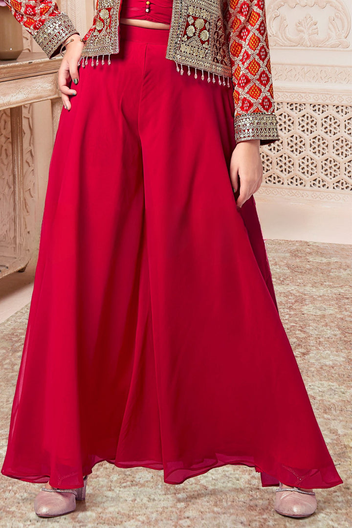 Red Sequins, Zari and Jacquard work with Bandini Print Jacket Styled Palazzo Set for Girls