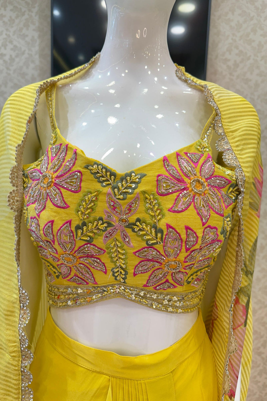 Lemon Yellow Multicolor Embroidery work with Digital Print Cape, Crop Top and Cowl Skirt