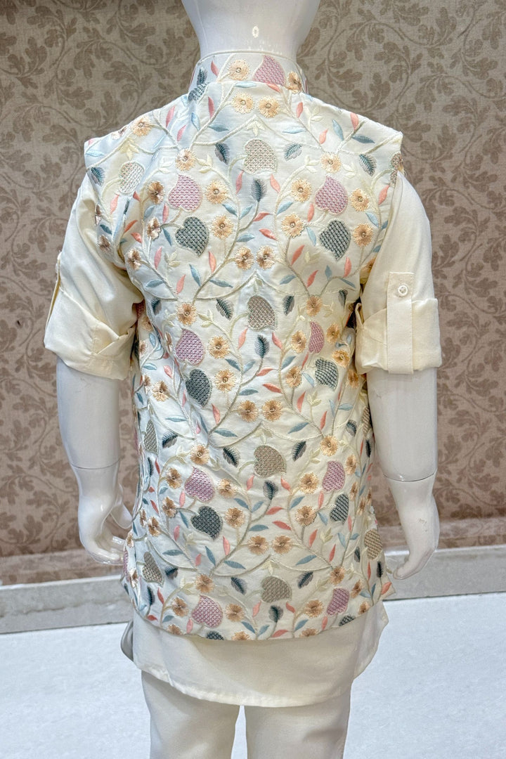 Cream Multicolor Embroidery and Sequins work Waist Coat Kurta Set for Boys