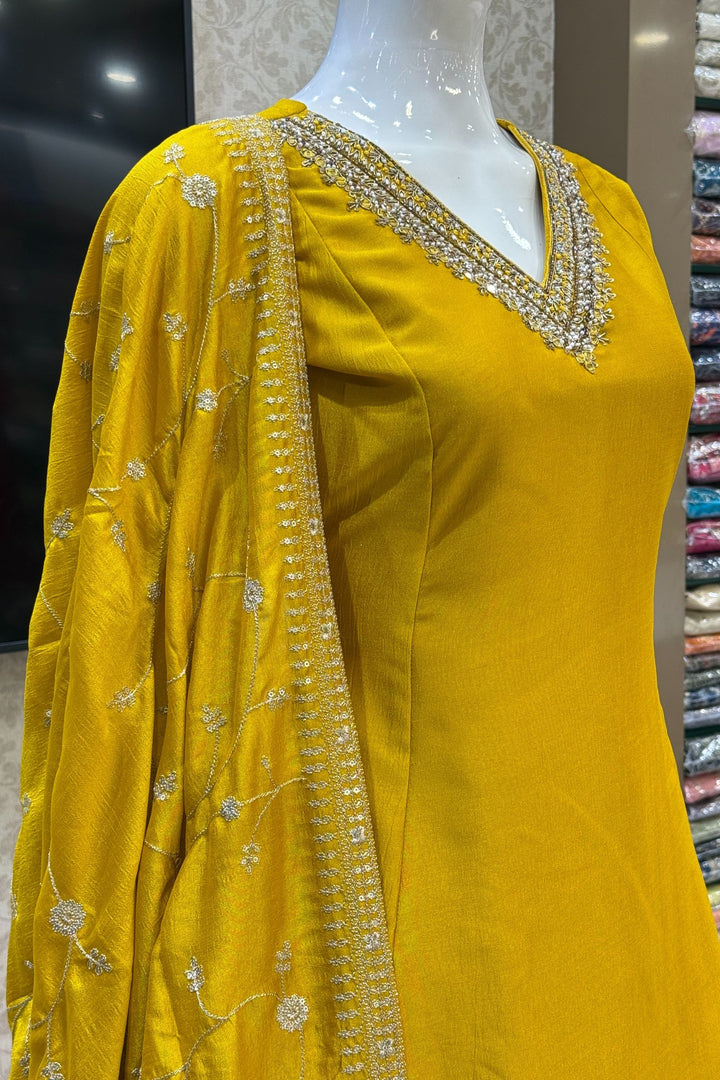 Mustard Beads, Pearl, Zardozi, Stone, Zari and Sequins work A-line Cut Salwar Suit