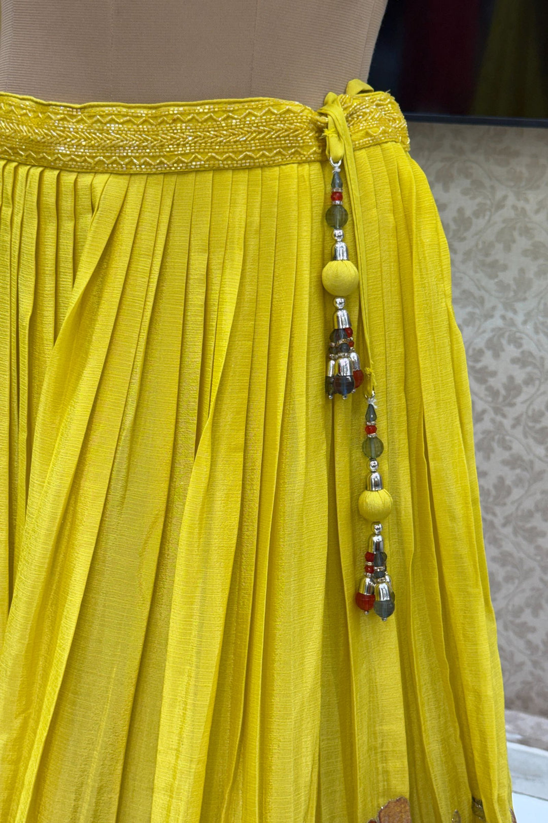 Yellow Multicolor Thread, Beads, Zari Thread and Sequins work Crop Top Lehenga