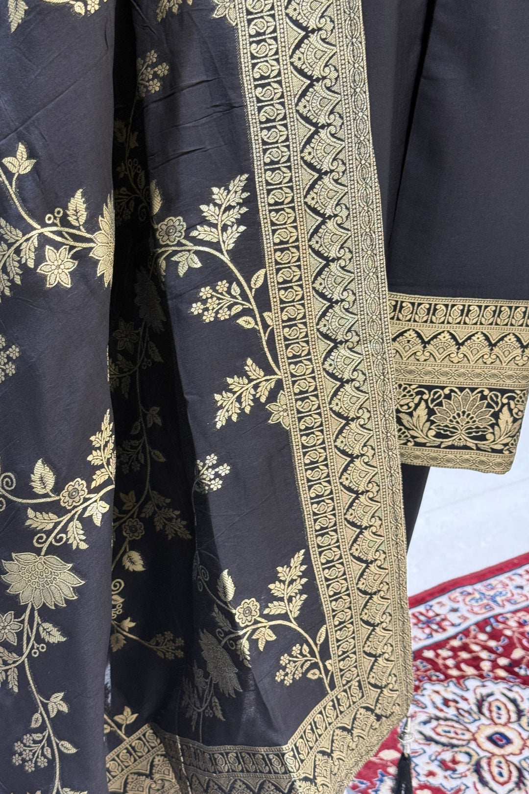 Black Straight Cut Salwar Suit with Stone, Mirror and Banaras work