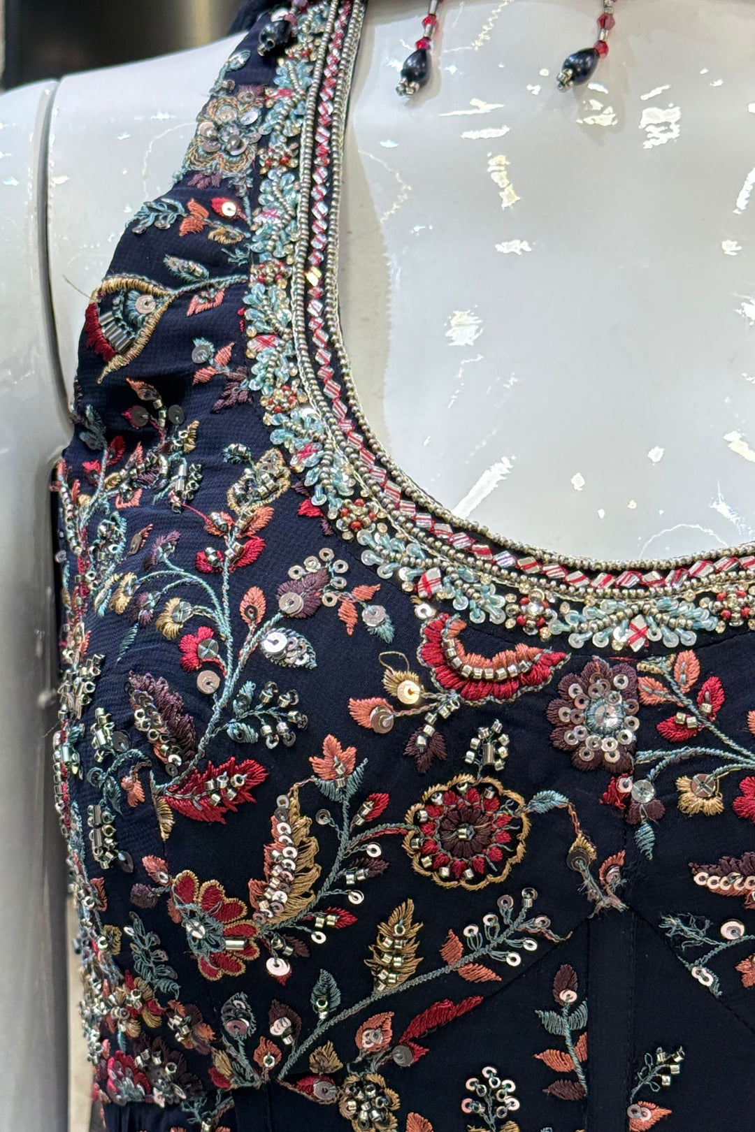 Navy Blue Beads, Sequins and Multicolor Embroidery work Palazzo Suit Set