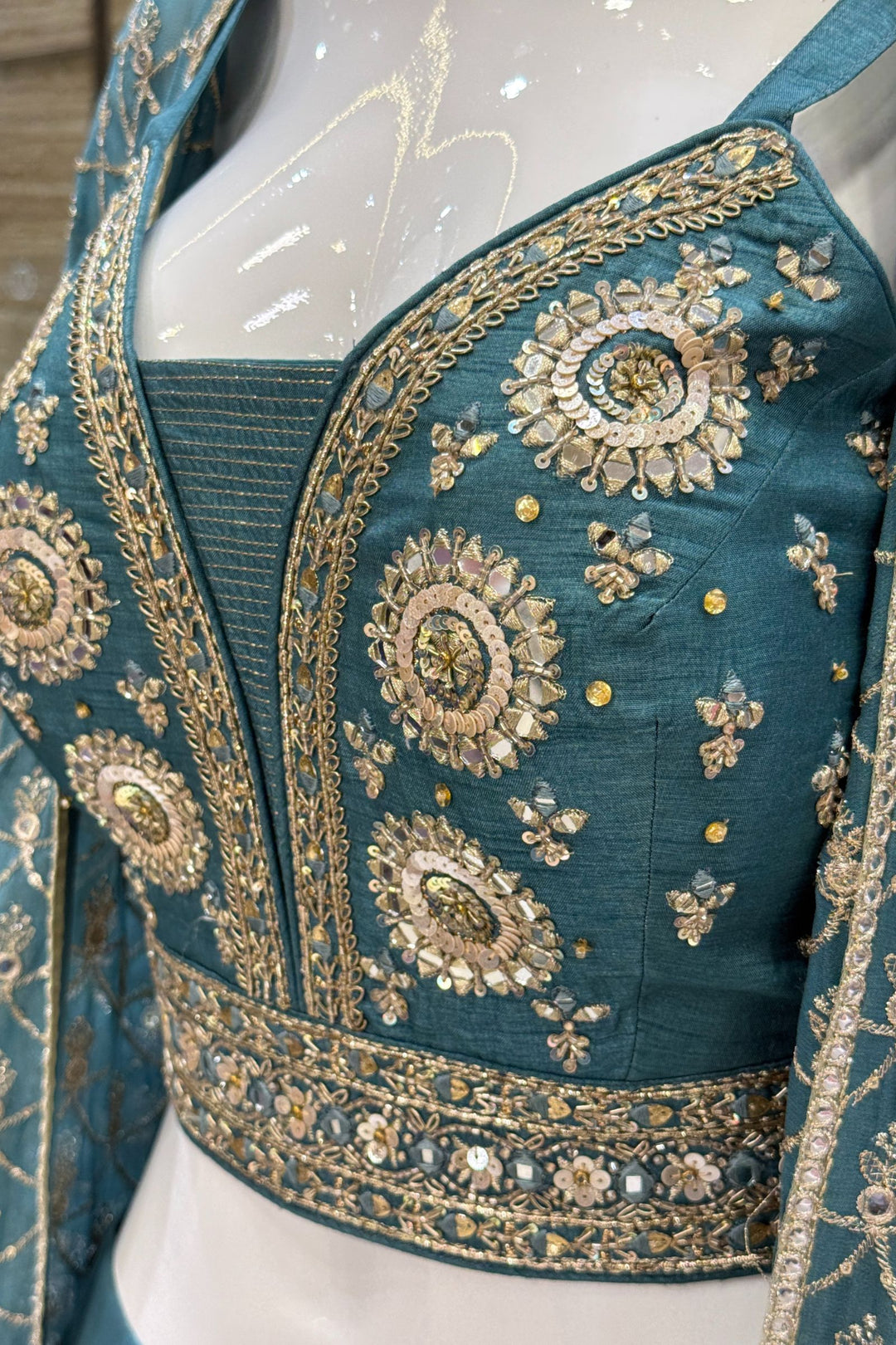 Green Mirror, Zardozi, Sequins and Beads work Overcoat Styled Palazzo Suit Set