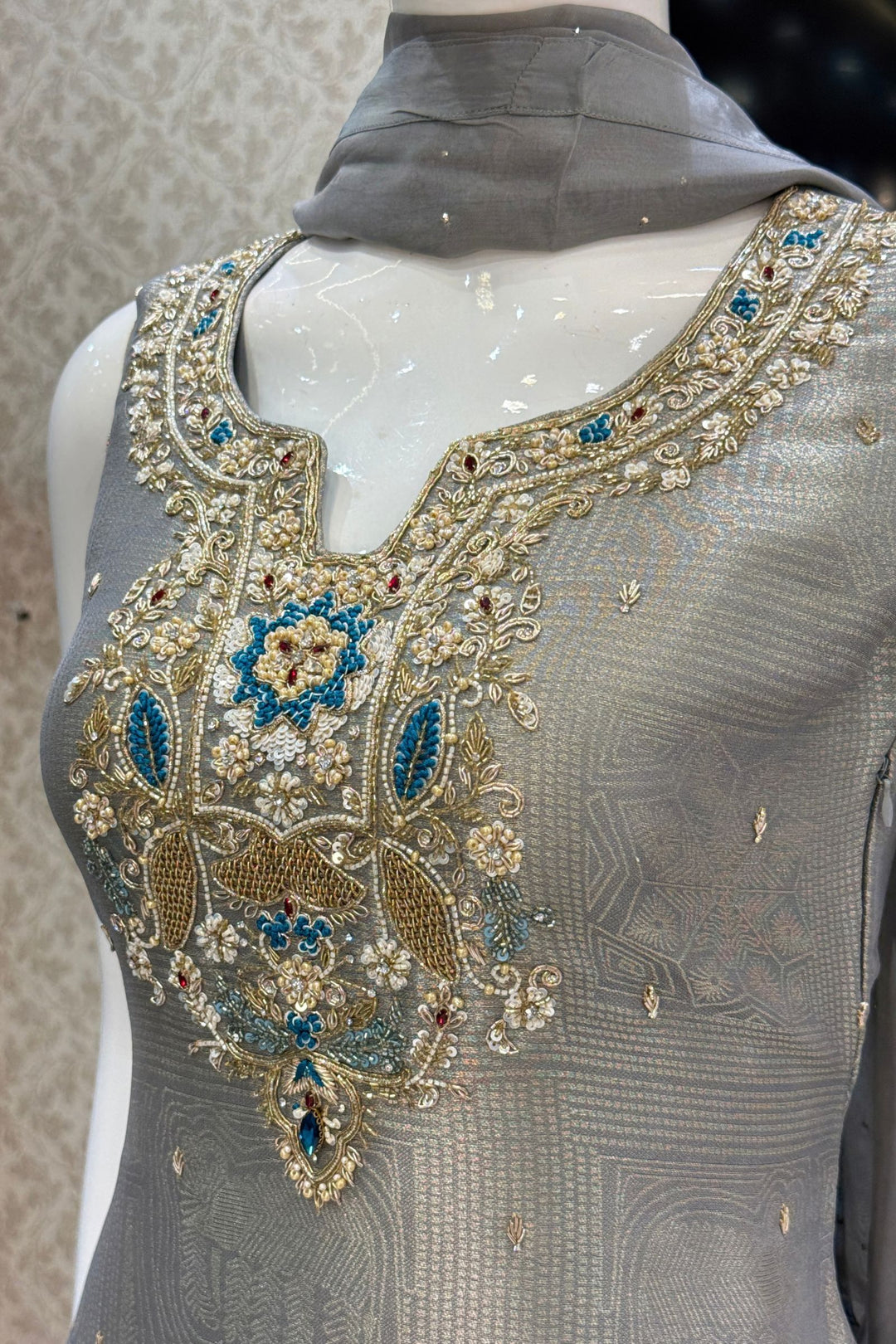 Grey Zardozi, Stone, Sequins, Beads and Thread work Palazzo Salwar Suit