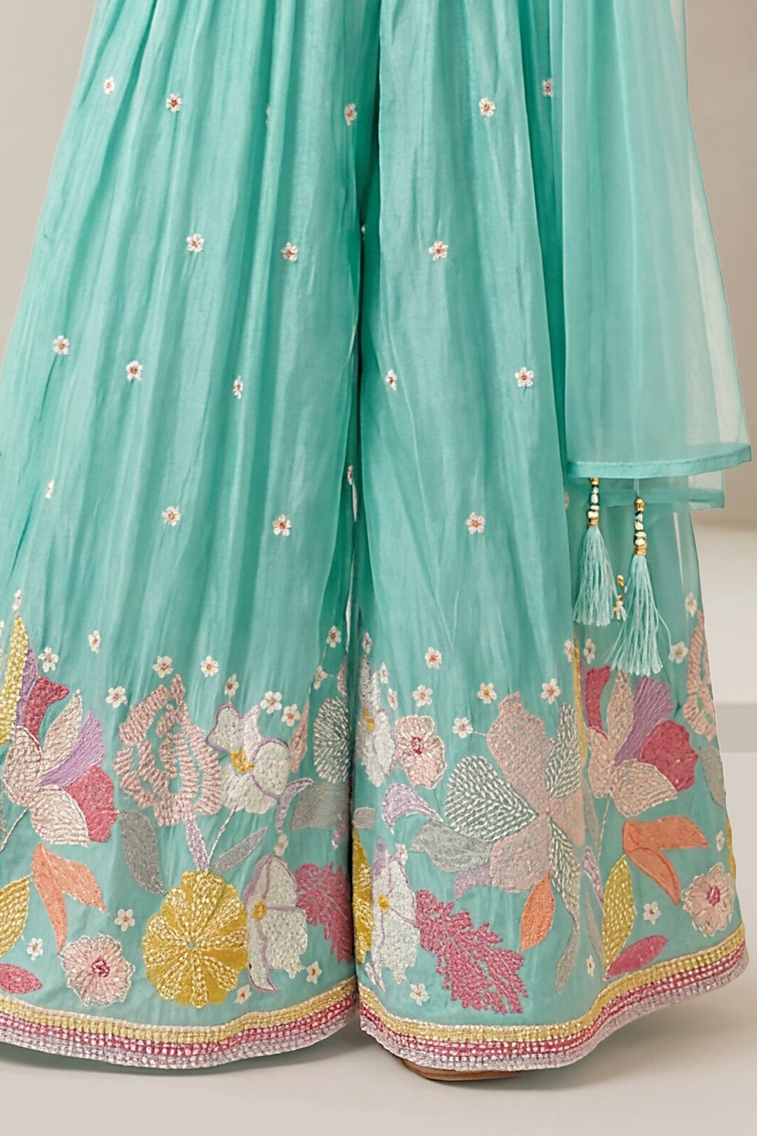 Sea Green Floral Embroidered Lehenga Set with Matching Dupatta for Girls