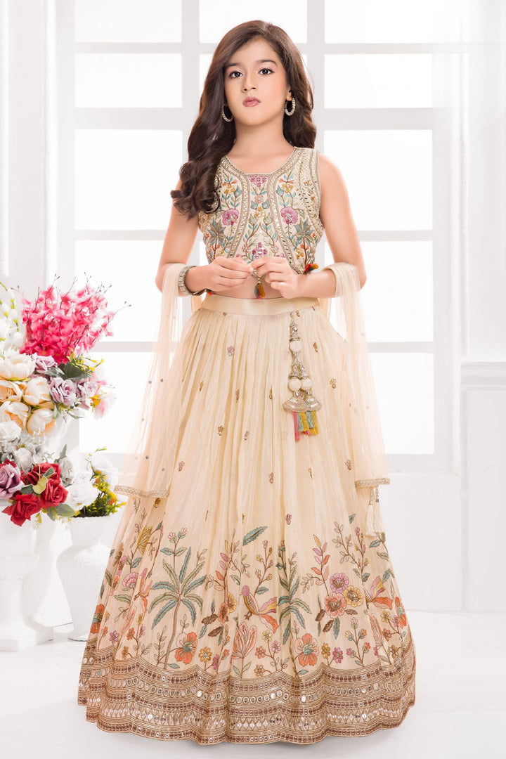 Cream Multicolor Embroidery, Mirror, Stone, Sequins and Zari work Lehenga Choli for Girls