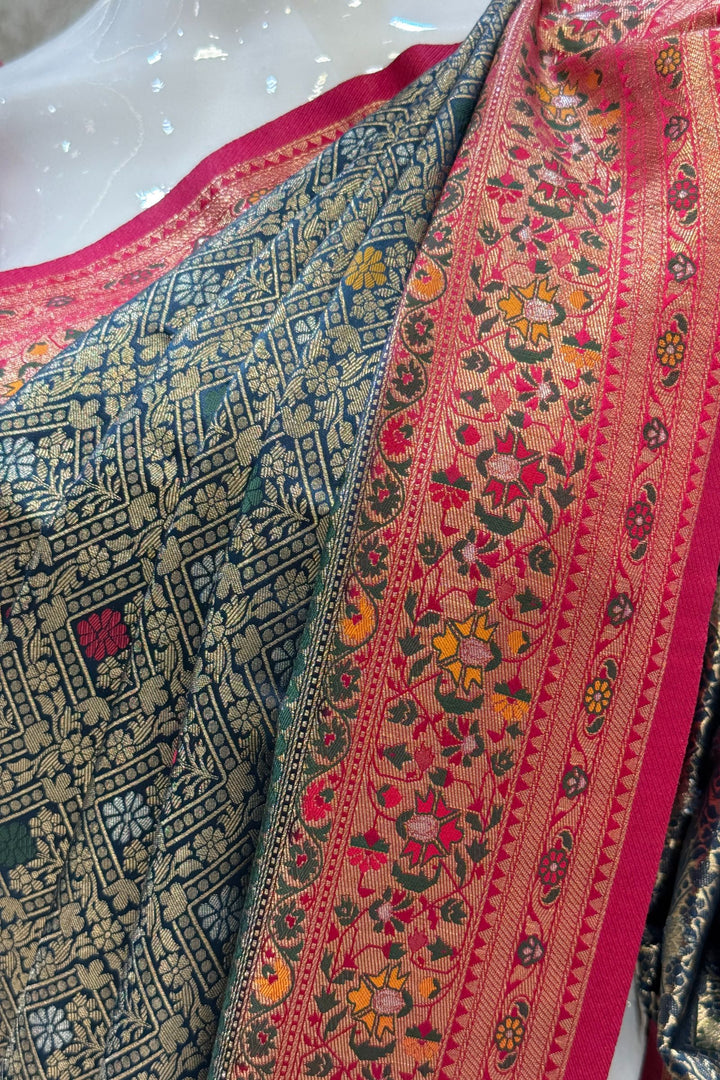 Peacock Blue with Rani Pink Banaras work Saree