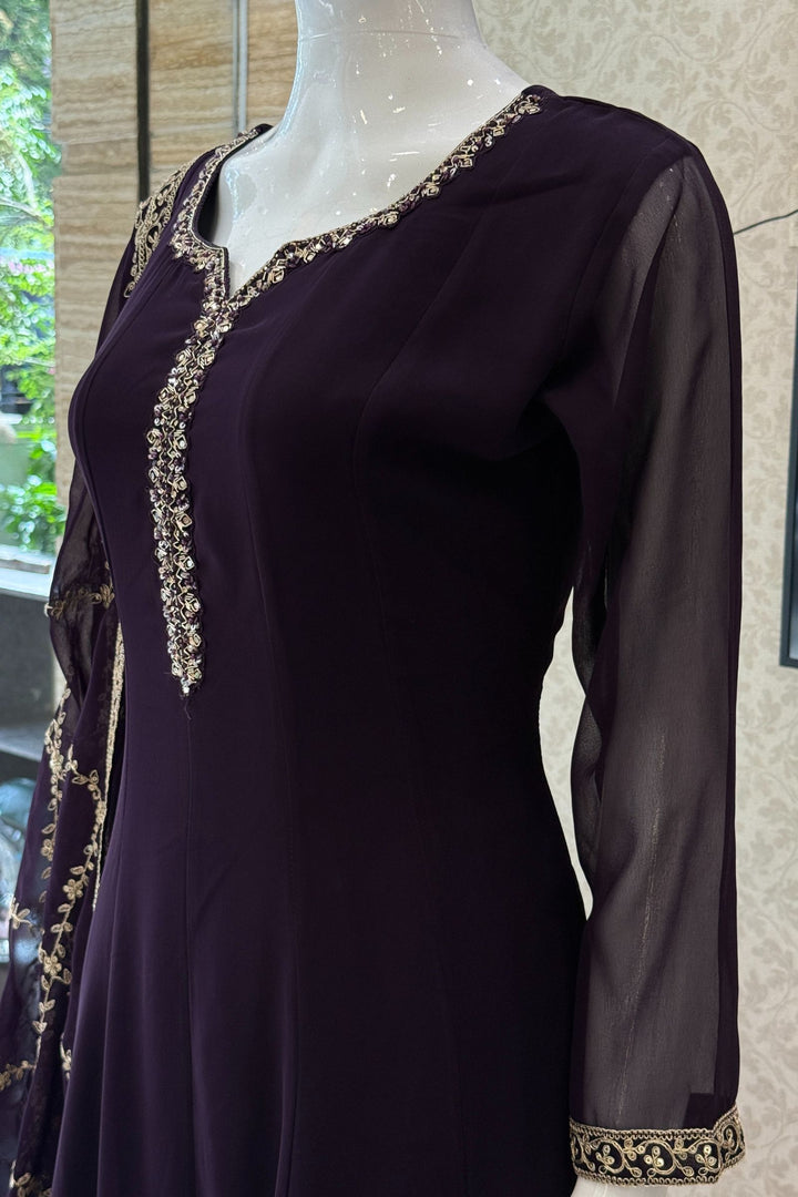 Dark Wine Stone, Sequins, Zardozi and Beads work Aline Cut Salwar Suit