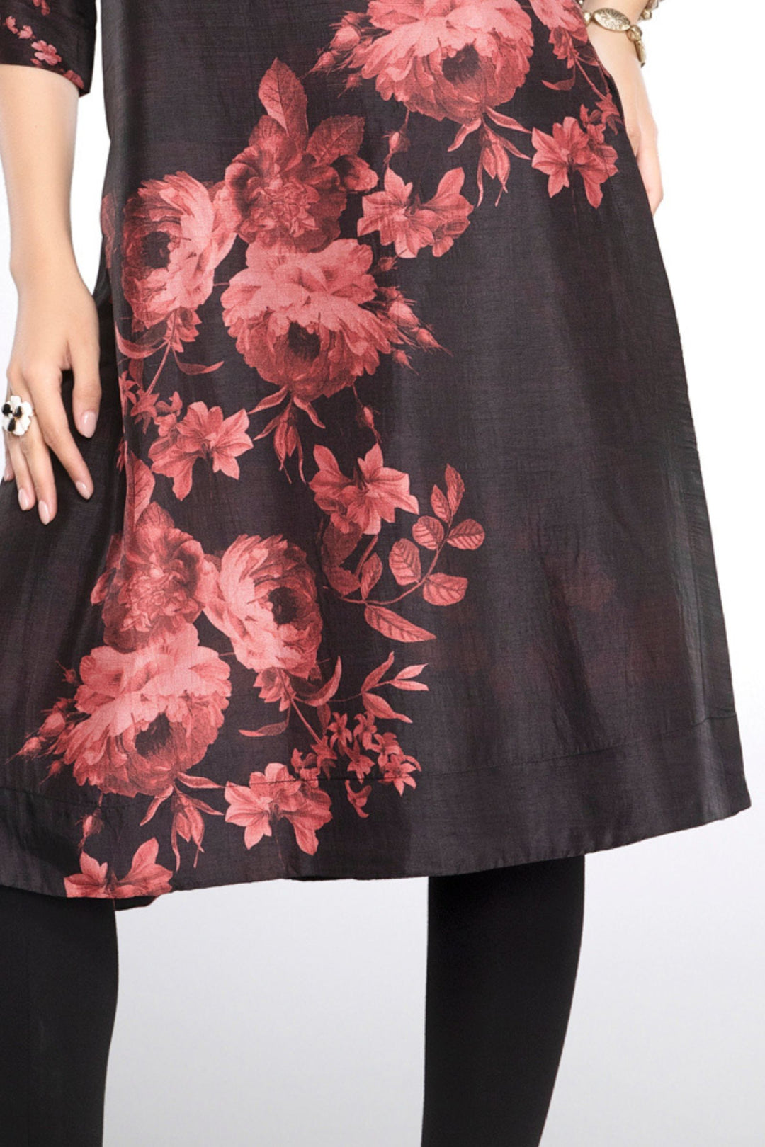 Black Stone, Mirror and Zari work with Floral Print A-line Cut Calf Length Kurti