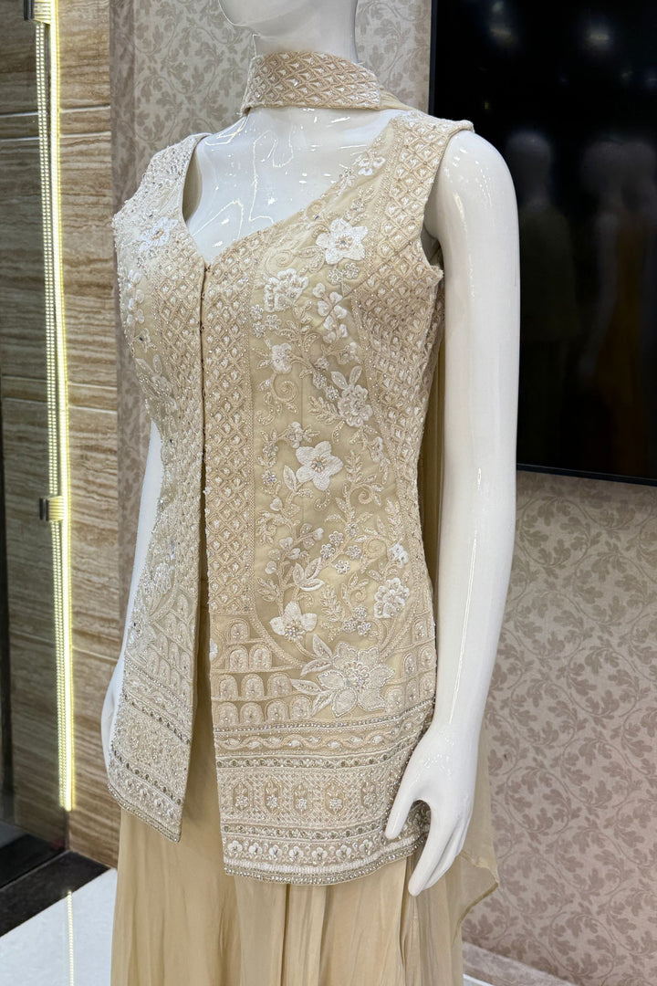 Cream Stone, Zari, Thread, Sequins and Beads work Salwar with Palazzo Pant