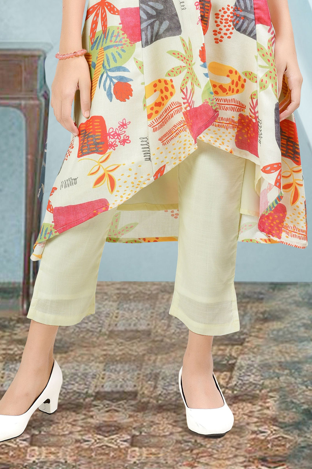 Cream with Multicolor Digital Print Salwar with Pant for Girls