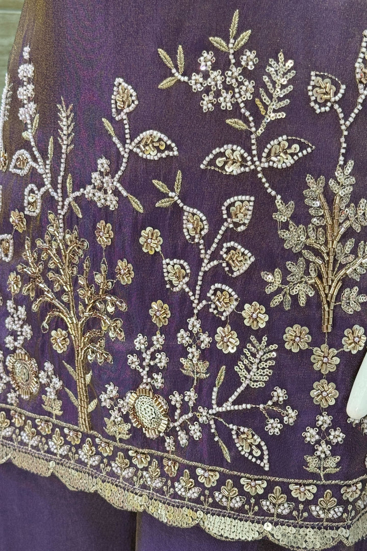 Purple Beads, Sequins, Zari and Mirror work Palazzo Salwar Suit