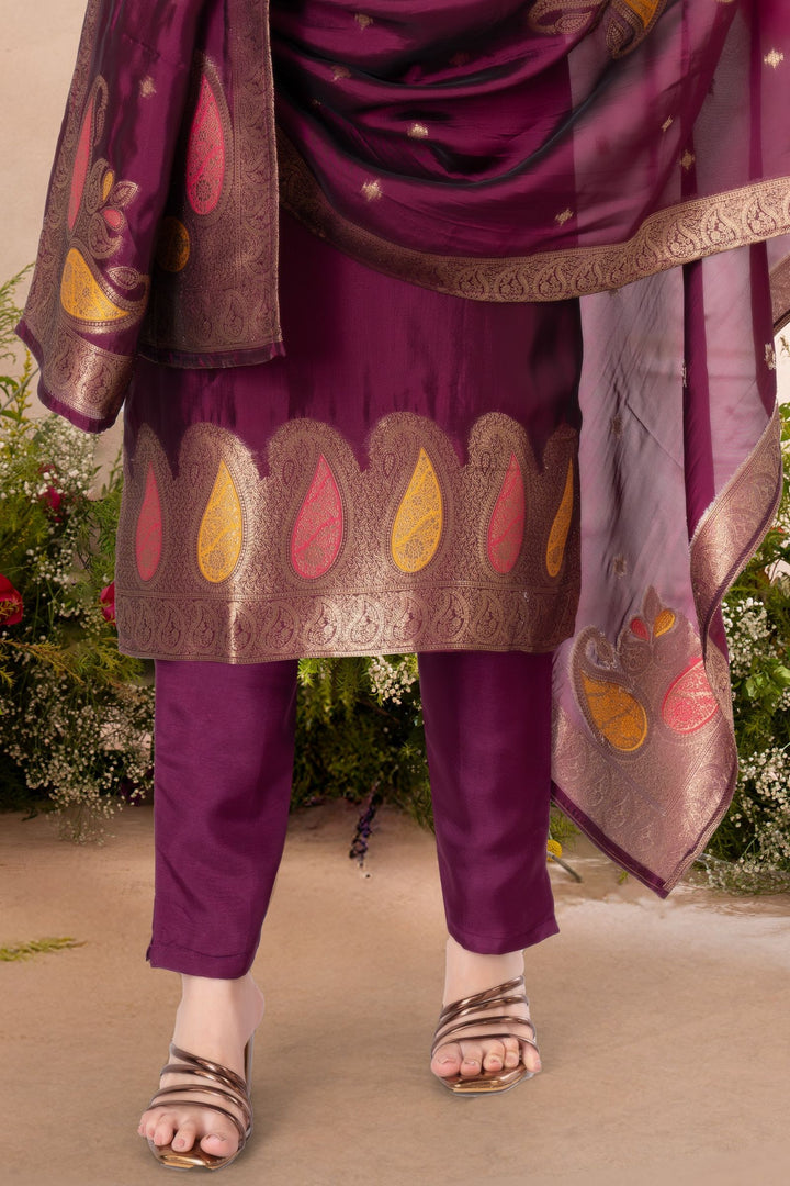 Wine Zardozi, Stone, Thread, Sequins and Banaras work Straight Cut Salwar Suit