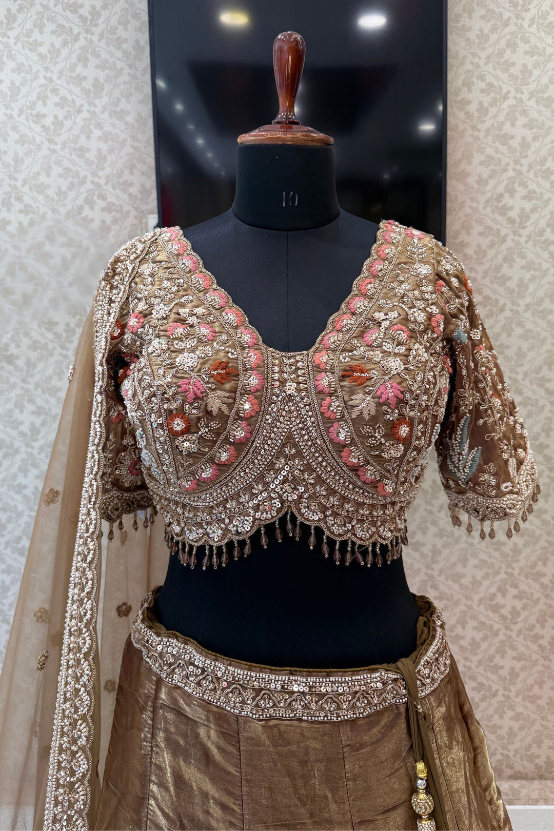 Bridal Organza Lehenga with Hand-Embroidered Birds and Floral Forest Motifs