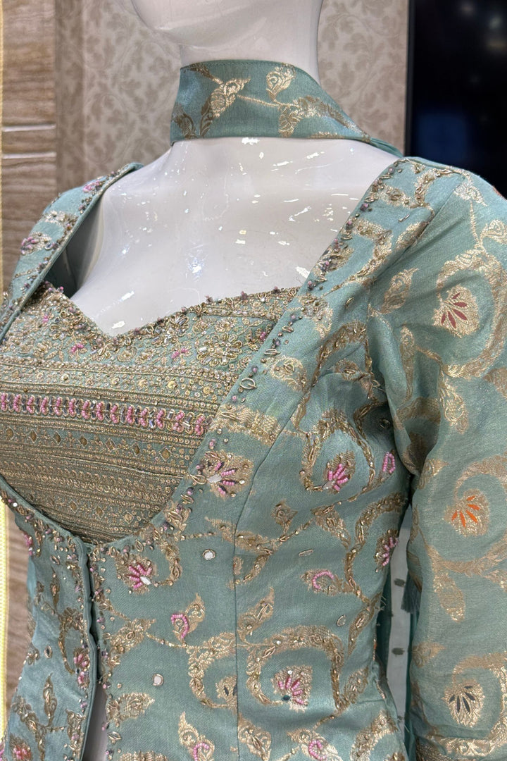Sea Green Palazzo Set with Beads, Sequins and Zari work with Choker Dupatta