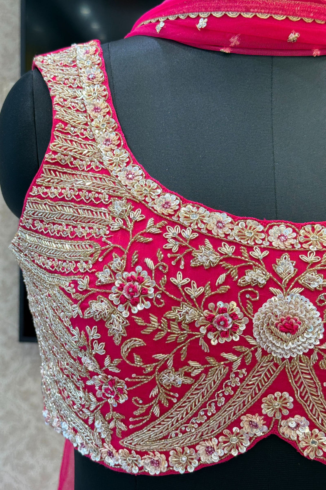 Rani Pink Sequins, Beads, Mirror, Zardozi and Zari work Crop Top Lehenga