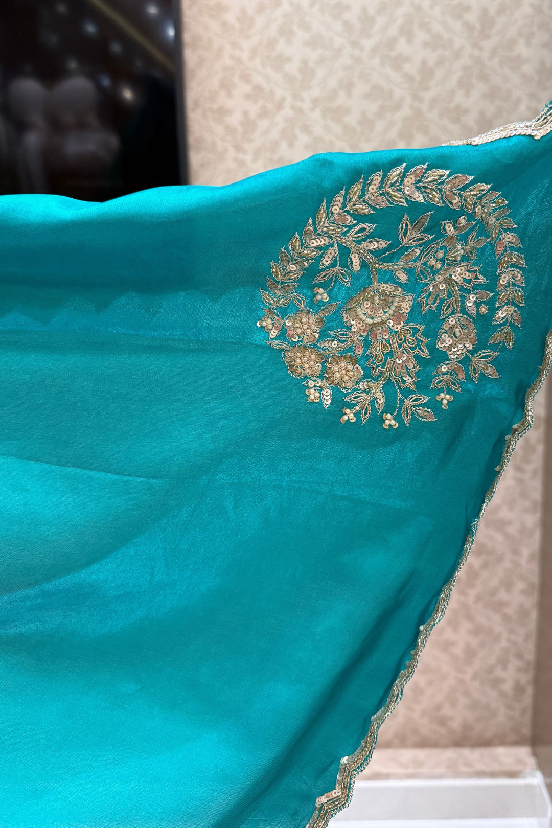 Rama Blue Saree with Sequins, Zari, Pearl and Beads work
