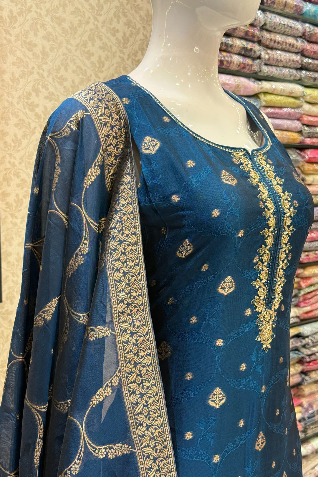 Teal Blue Zardozi, Sequins, Mirror, Stone, Brocade and Banaras work Straight Cut Salwar Suit