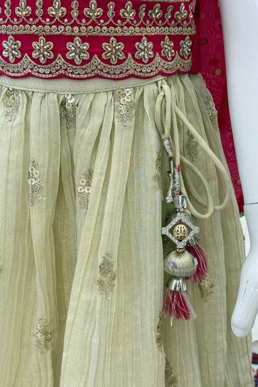 Rani Pink with Cream Sequins, Beads and Zari work Lehenga Choli for Girls